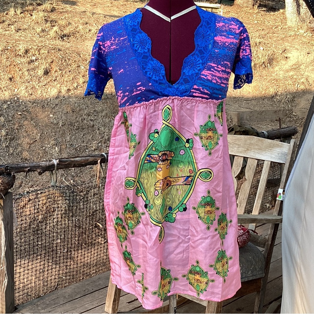 NWT Rare Custo Barcelona Silk & Lace Mini Dress Sz S Boho Art to Wear Hippie